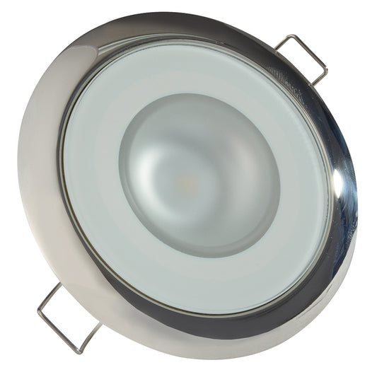 Chrome LED recessed ceiling light with frosted lens and mounting clips