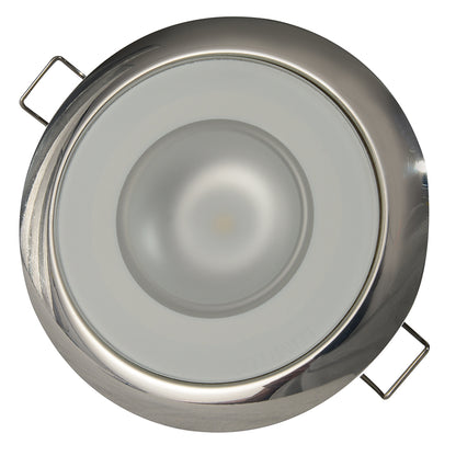 Chrome LED recessed light with frosted lens and mounting clips for auto or residential use