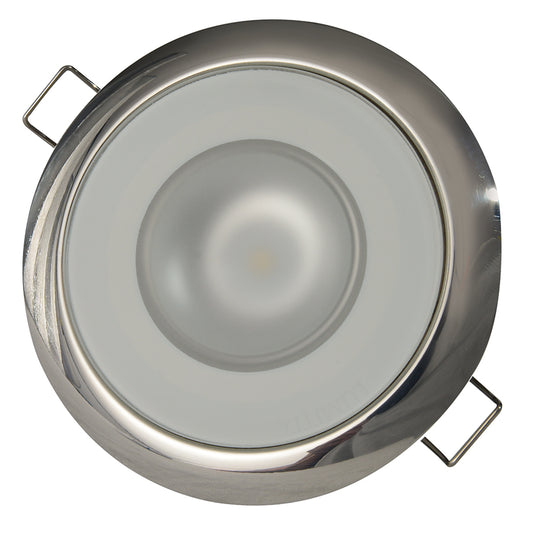 Chrome LED recessed light with frosted lens and mounting clips for auto or residential use