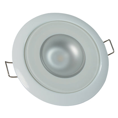 White recessed LED ceiling light with adjustable clips for residential or commercial installation