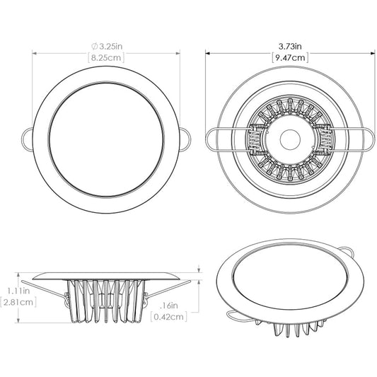 Technical diagram of recessed LED light fixture with dimensions for residential or commercial installation