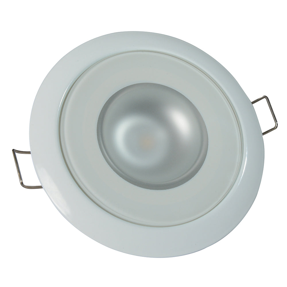White recessed LED ceiling light with adjustable clips for residential or commercial installation