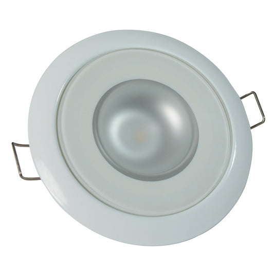 White recessed LED ceiling light with adjustable clips for residential or commercial installation