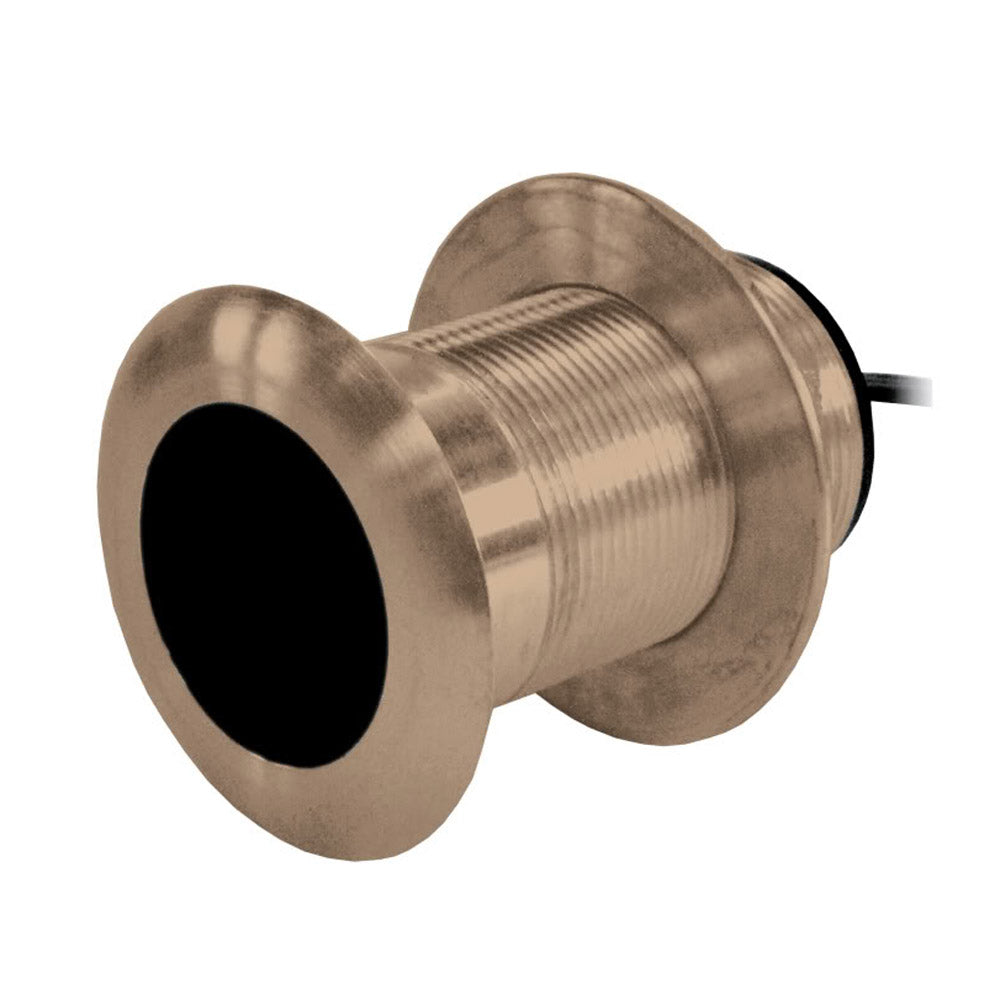 Marine thru-hull transducer with bronze finish and threaded mount for boat sonar systems