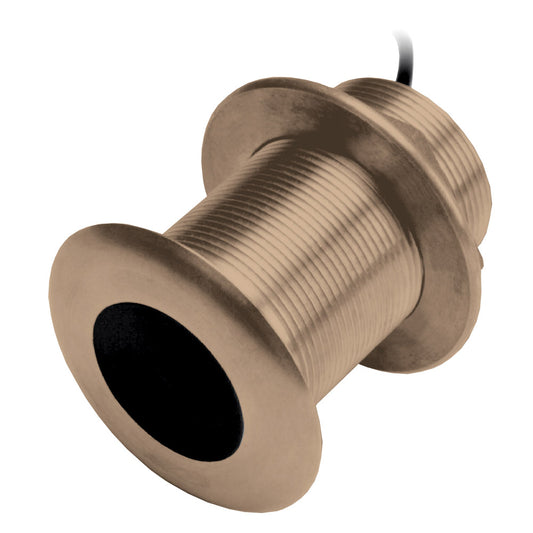 Bronze marine thru-hull transducer with threaded fitting and cable for boat sonar installation