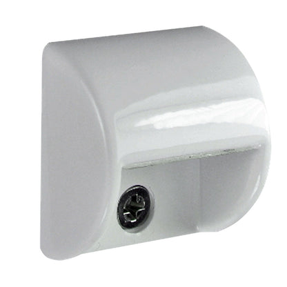 White plastic curtain rod bracket with screw mount, smooth curved design for window hardware installation