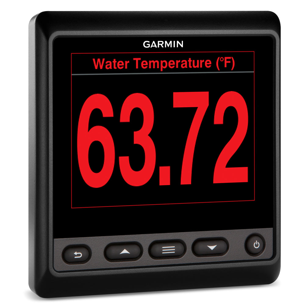 Garmin water temperature display showing 63.72°F with red digital readout and control buttons
