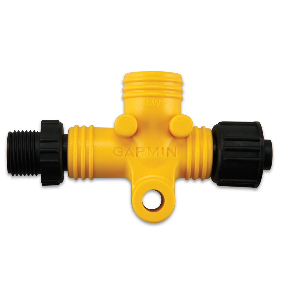 Yellow Garmin T-connector with black fittings for marine or outdoor audio systems