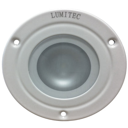 Lumitec marine LED light with white housing and mounting holes, ideal for boat lighting installations