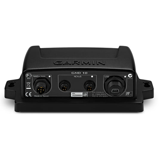 Garmin GND 10 marine networking device with NMEA 2000, Nexus, and USB ports for boat electronics integration