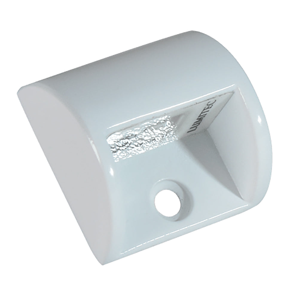White Lumitec marine LED light fixture with reflective interior and mounting hole