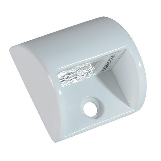 White Lumitec marine LED light fixture with reflective interior and mounting hole