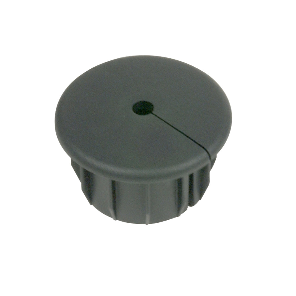 Black plastic cable grommet with central hole and slotted design for wire management