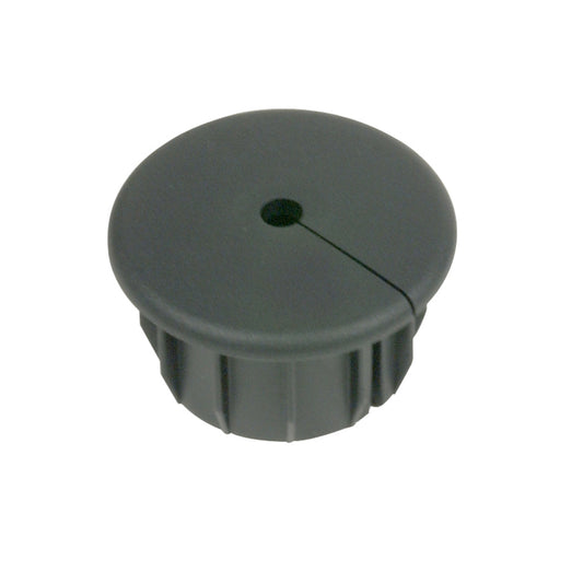 Black plastic cable grommet with central hole and slotted design for wire management