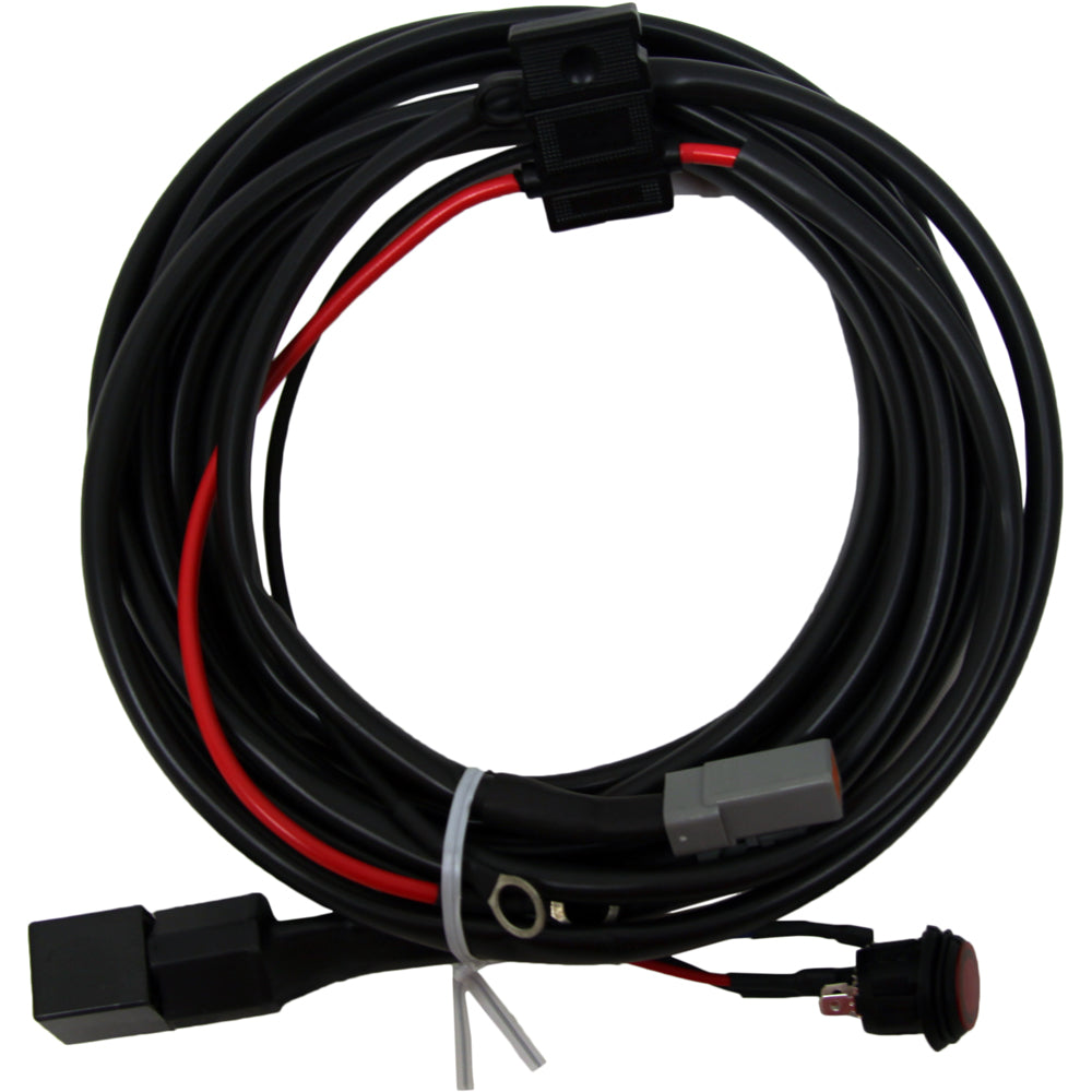 Coiled black and red wiring harness with connectors and switch for car audio installation