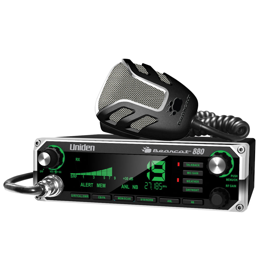 Uniden Bearcat 880 CB radio with green display and mic, ideal for truckers and off-road communication