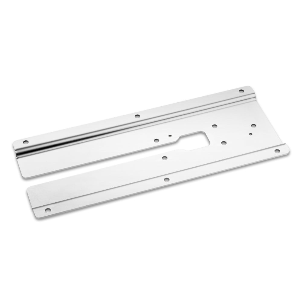 Stainless steel automotive mounting brackets with precision cutouts and screw holes for secure installation