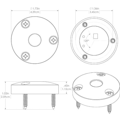 Technical diagram of circular mounting bracket with screw holes and dimensions for audio or auto installation