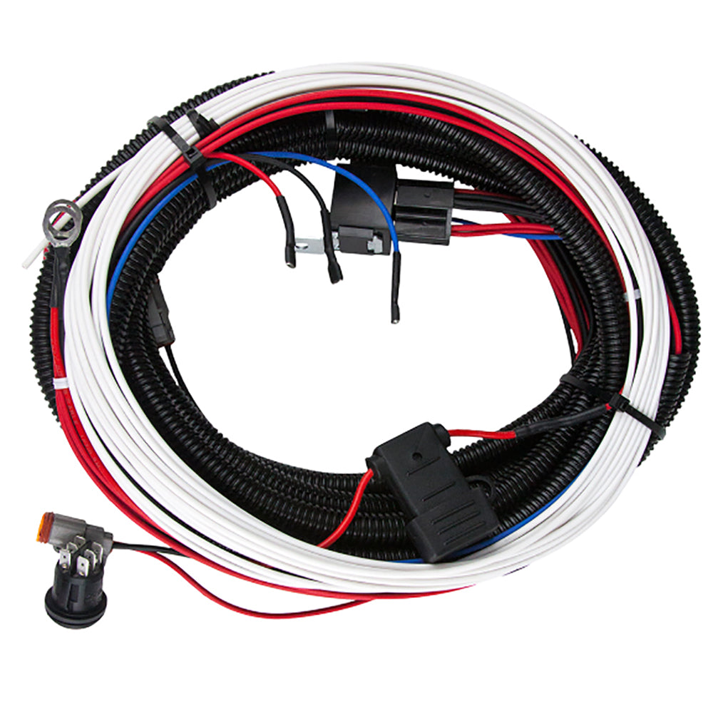 Auto wiring harness with red, white, blue wires and connectors for vehicle audio installation