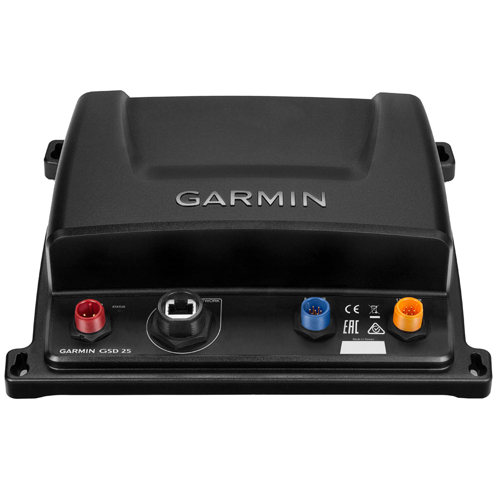 Garmin GSD 25 marine sonar module with red, blue, and orange ports for boat electronics installation