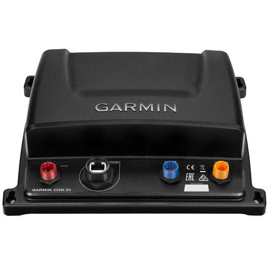 Garmin GSD 25 marine sonar module with red, blue, and orange ports for boat electronics installation