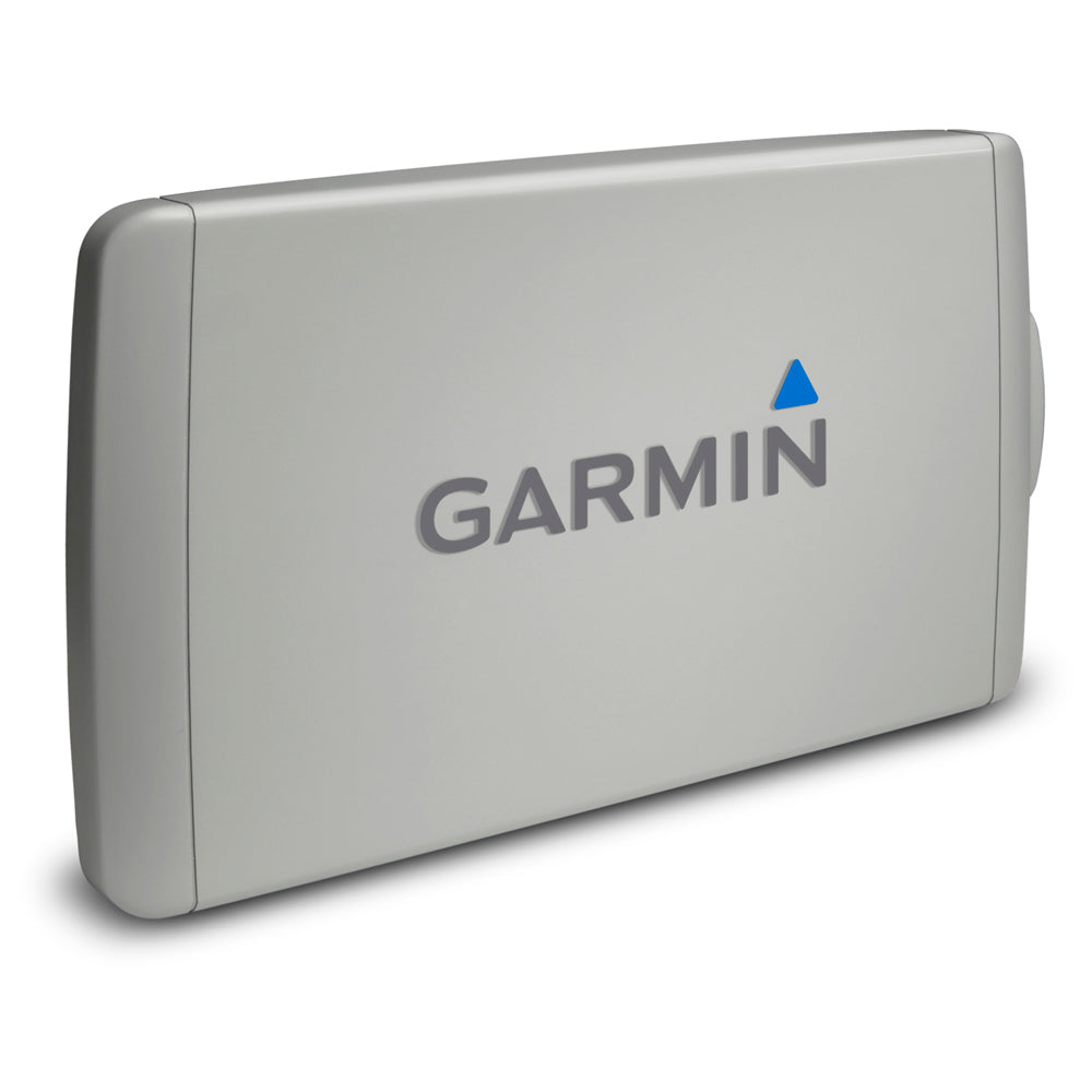Garmin marine GPS device with sleek gray casing and blue triangle logo