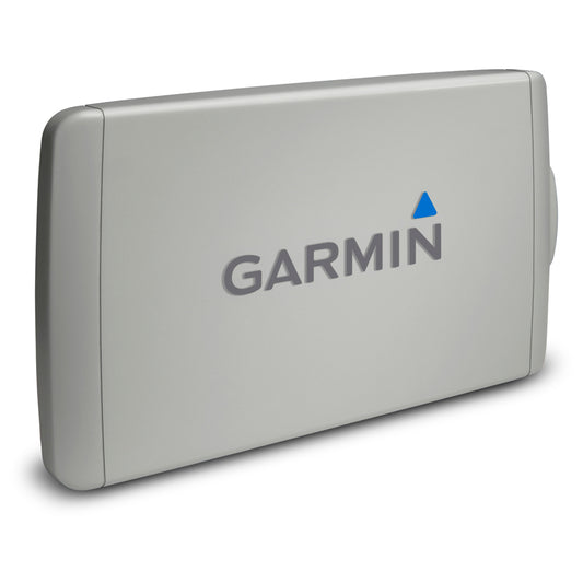 Garmin marine GPS device with sleek gray casing and blue triangle logo