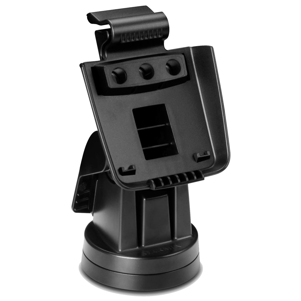 Black Garmin GPS mount with suction cup base for car dashboard installation