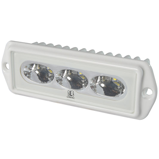 White Lumitec LED light bar with three oval lenses, ideal for marine or automotive lighting upgrades.