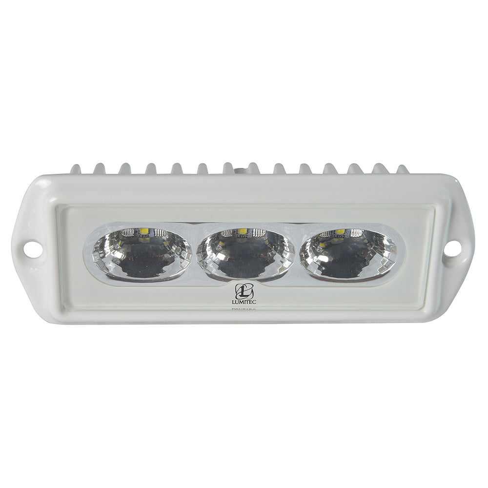 Lumitec LED marine light with three lenses, white housing, and heat-dissipating fins for boat lighting