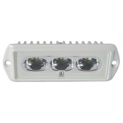 Lumitec LED marine light with three lenses, white housing, and heat-dissipating fins for boat lighting