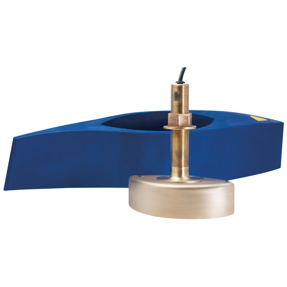 Blue marine transducer with brass housing and mounting base for boat depth sounder installation