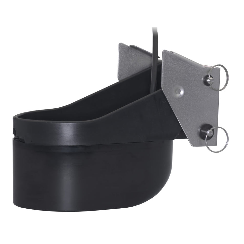 Black plastic cup holder with metal mounting bracket for vehicle audio installation