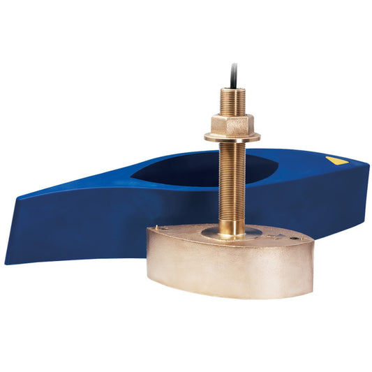 Blue and brass marine transducer with threaded mounting for boat audio systems