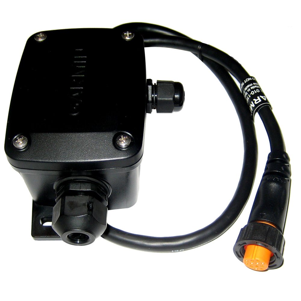 Black Garmin marine sensor with orange connector, waterproof housing for boat electronics installation