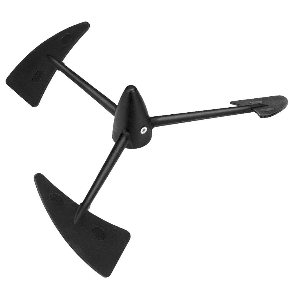 Black marine anchor with three flukes and central shank, ideal for boat mooring and secure anchoring.
