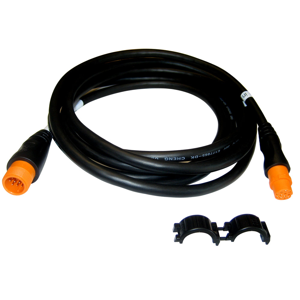 Black 10-pin audio cable with orange connectors and mounting clips for car stereo installation