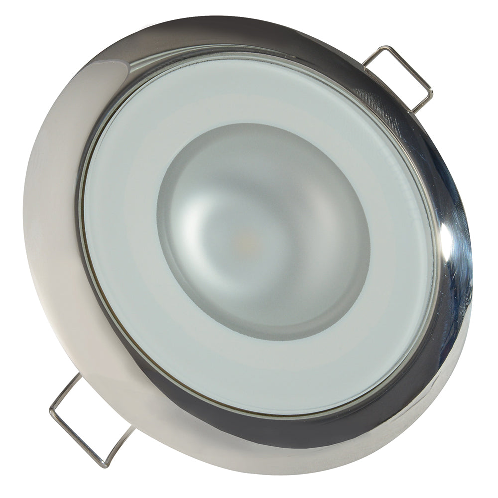 Chrome recessed LED ceiling light with frosted lens and mounting clips