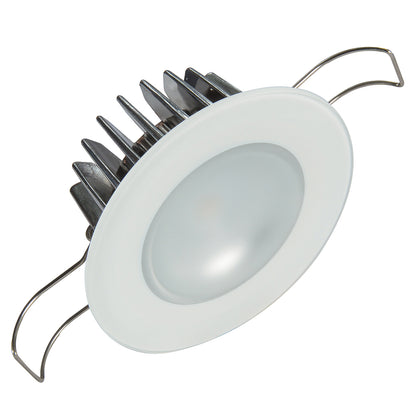 White LED recessed light with metal heat sink and mounting clips for residential or commercial installation