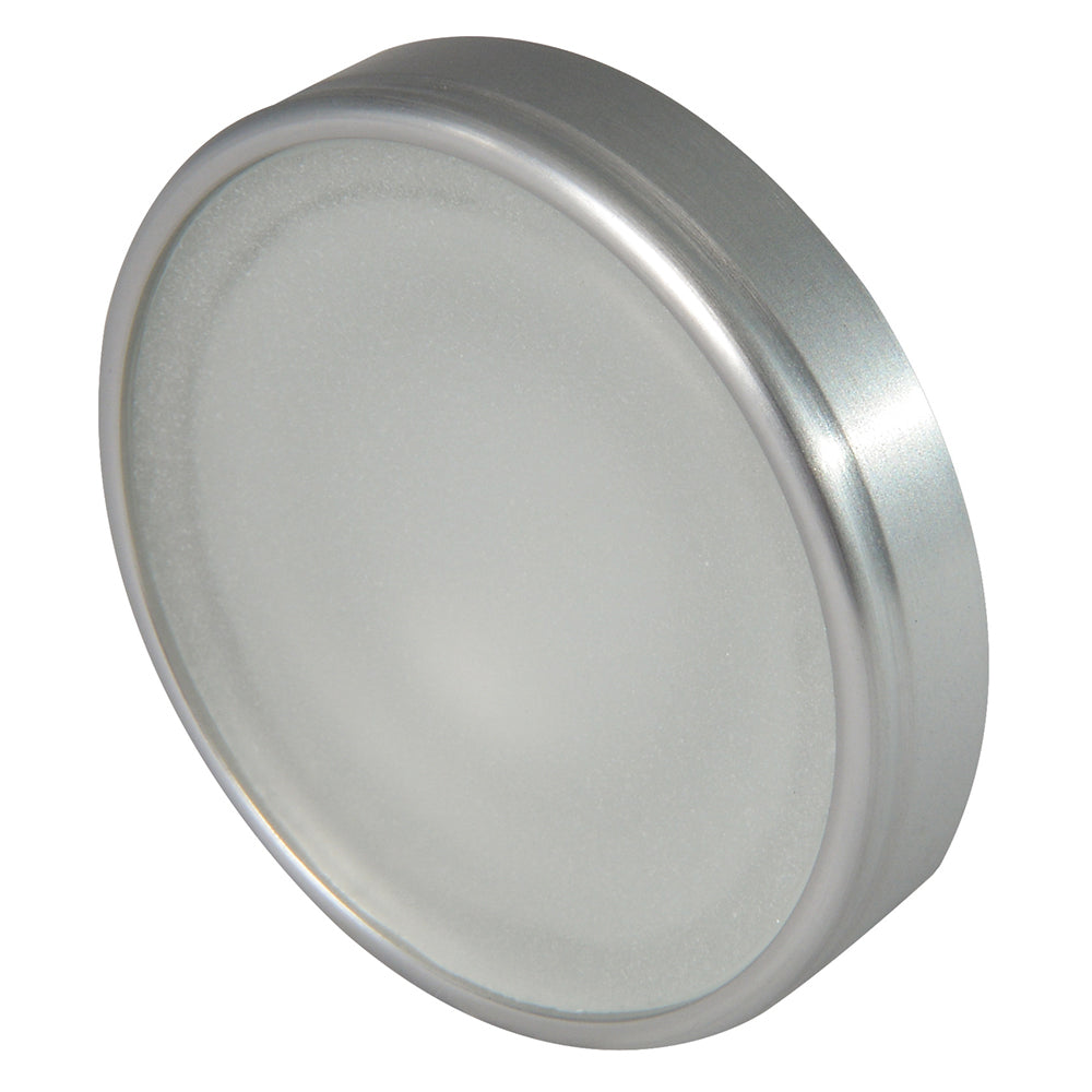 Frosted glass lens with silver metal bezel for automotive or home lighting