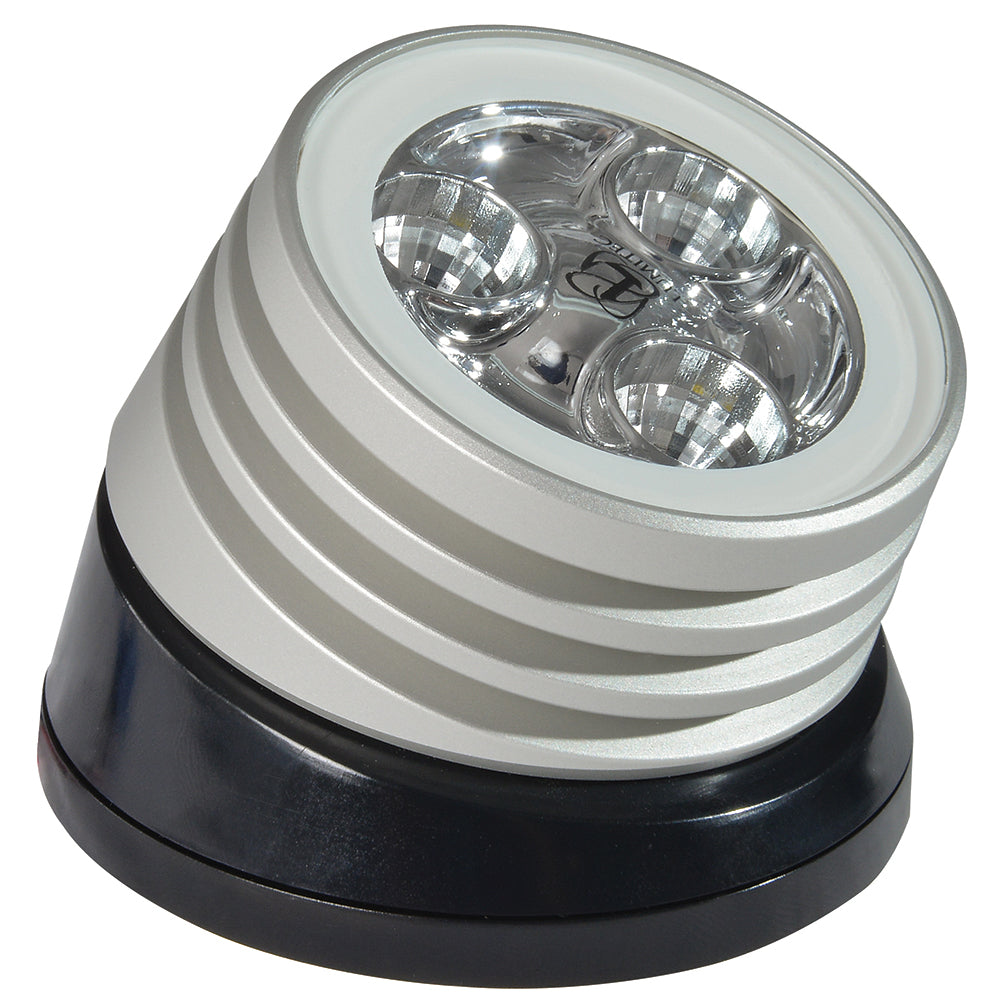LED marine light with 3 bulbs, silver housing, black base, for boat or auto use