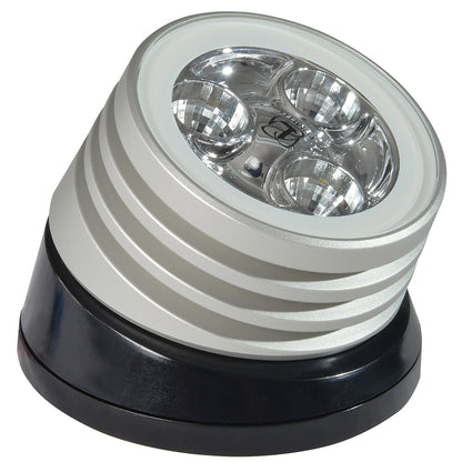 LED marine light with 3 bulbs, silver housing, black base, for boat or auto use