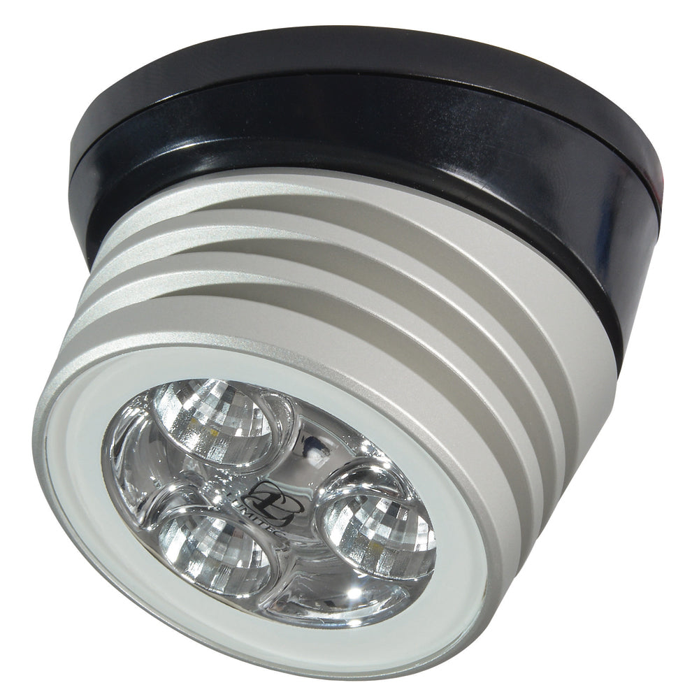 LED marine spotlight with black and silver housing, ideal for boat lighting installations