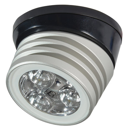 LED marine spotlight with black and silver housing, ideal for boat lighting installations