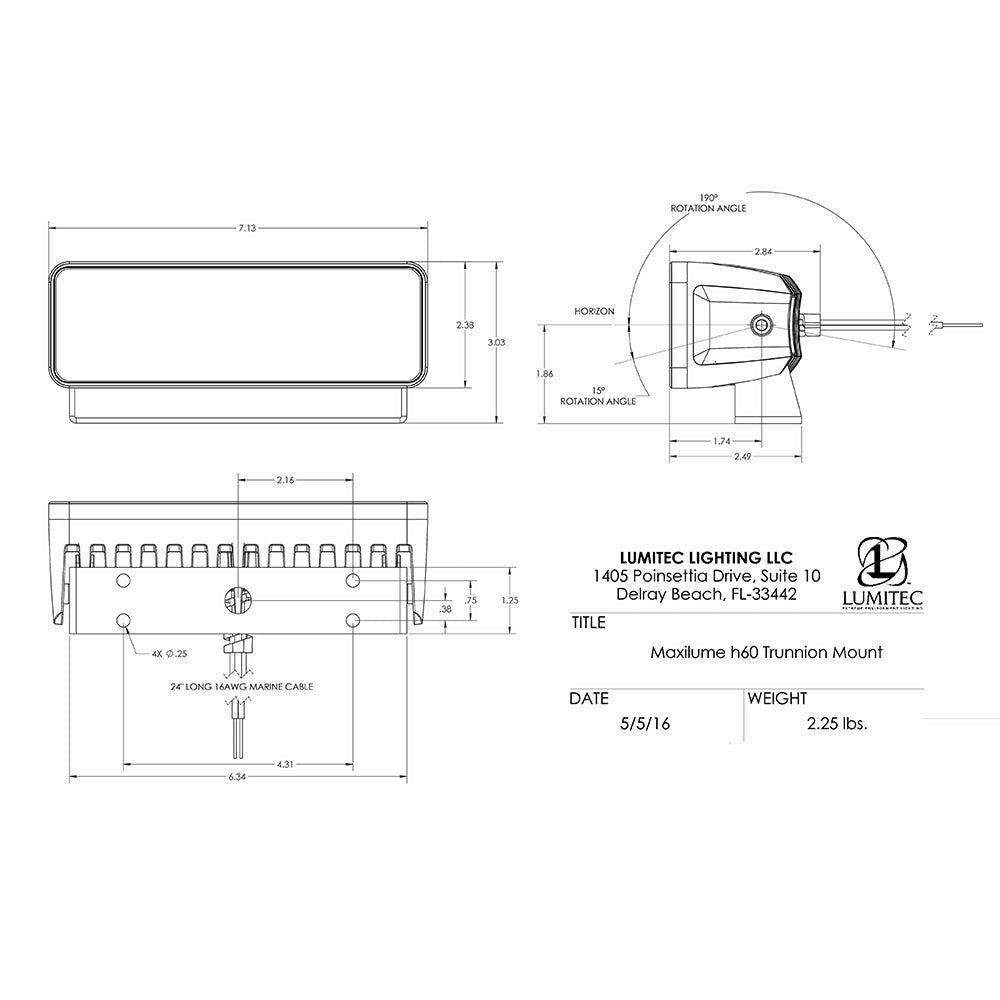 Lumitec Maxilume h60 Trunnion Mount technical diagram with dimensions and marine cable specs