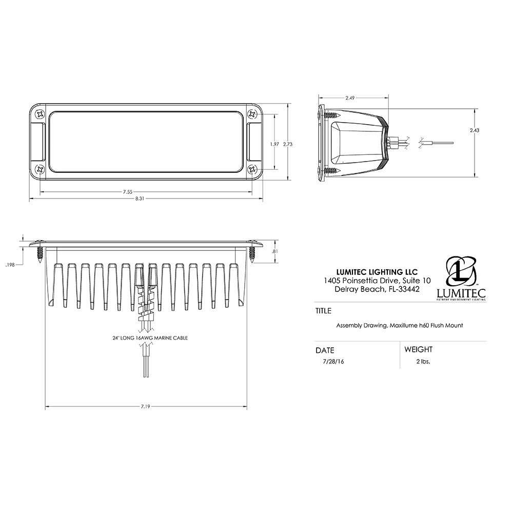 Lumitec Maxillume h60 flush mount LED light assembly drawing with dimensions and marine cable specs
