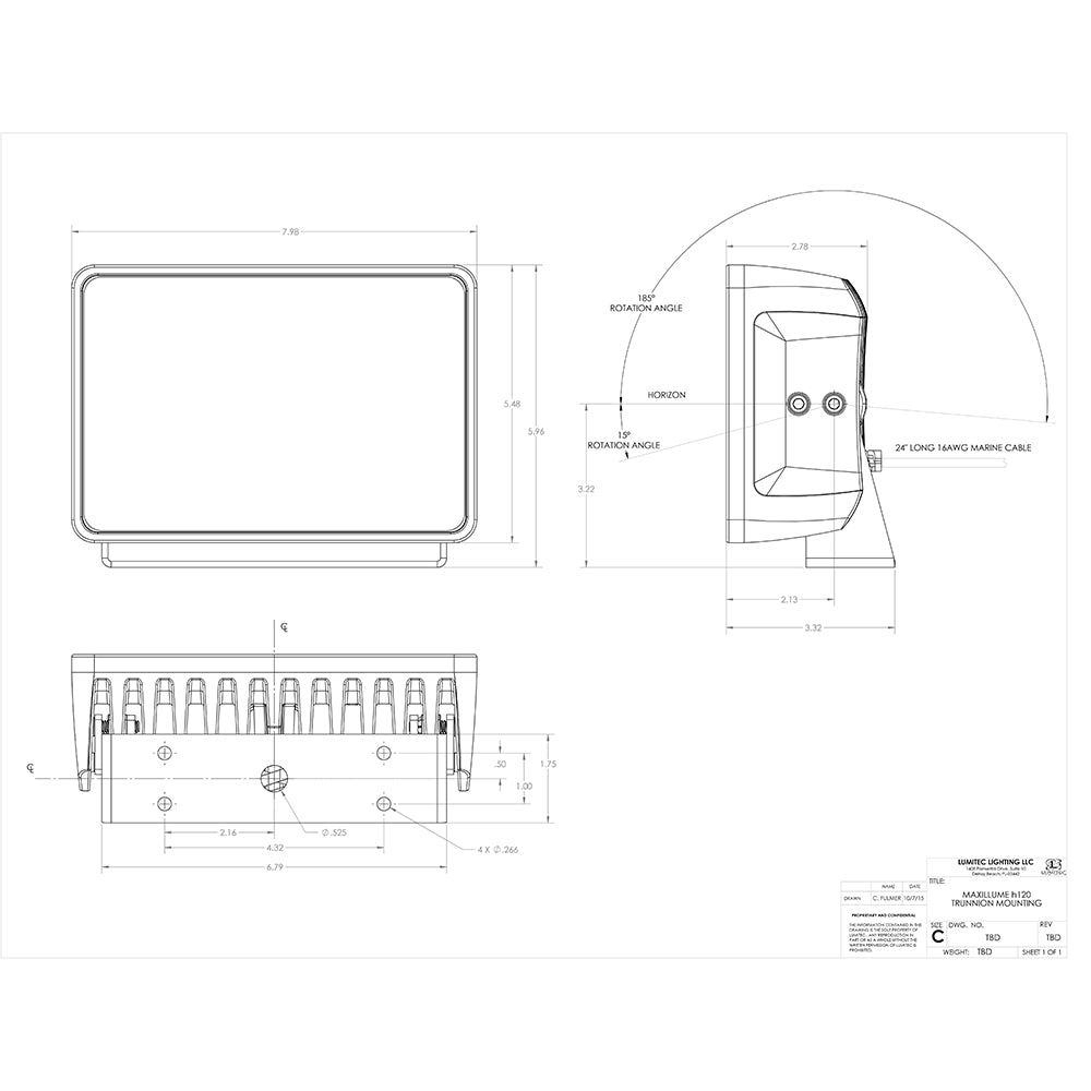Technical diagram of MaxiLume H120 trunnion mount marine light with dimensions and 24" 16AWG cable specs