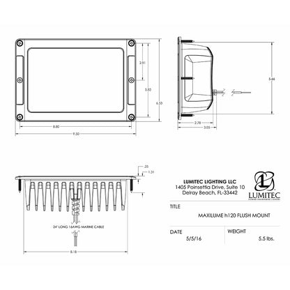 Lumitec MaxiLume H120 flush mount marine light technical diagram with dimensions and 24" 16AWG cable