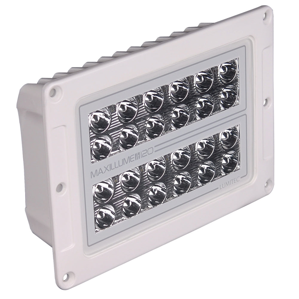 Maxillume 120 LED marine light with Lumitec branding, white housing, and dual-row LED array