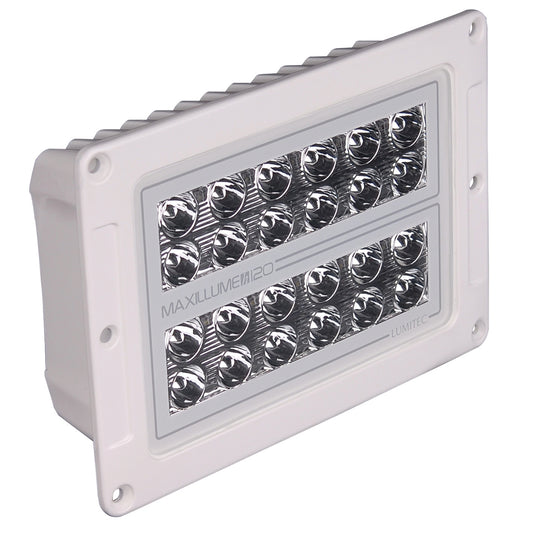 Maxillume 120 LED marine light with Lumitec branding, white housing, and dual-row LED array